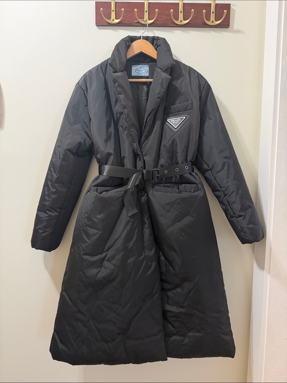 Women, Prada Black Quilted Belted Puffer Coat Size small